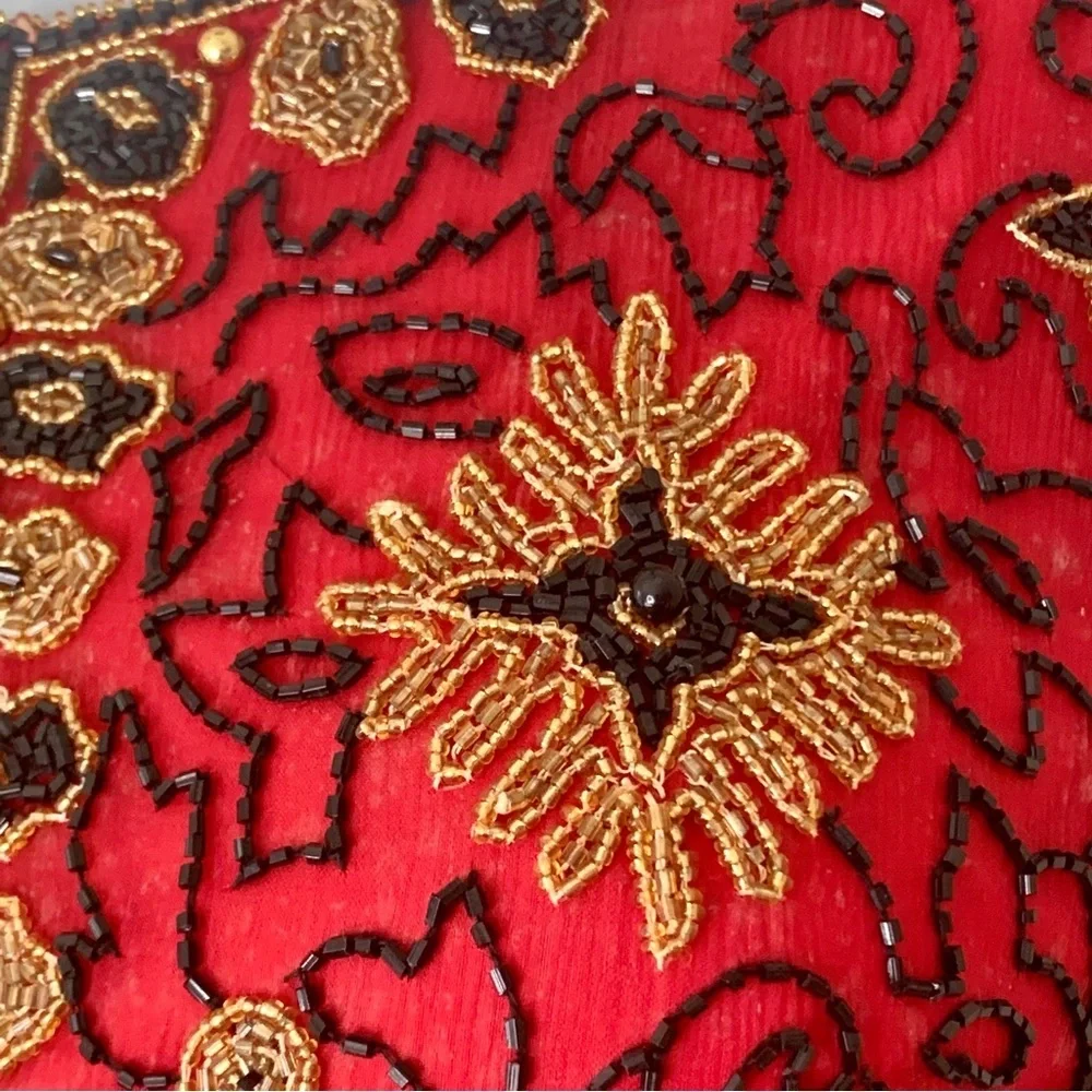 Adrianna Papell Boutique Evening Jacket Vintage 90’s Silk Beaded Red Gold 12 - Picture 6 of 16